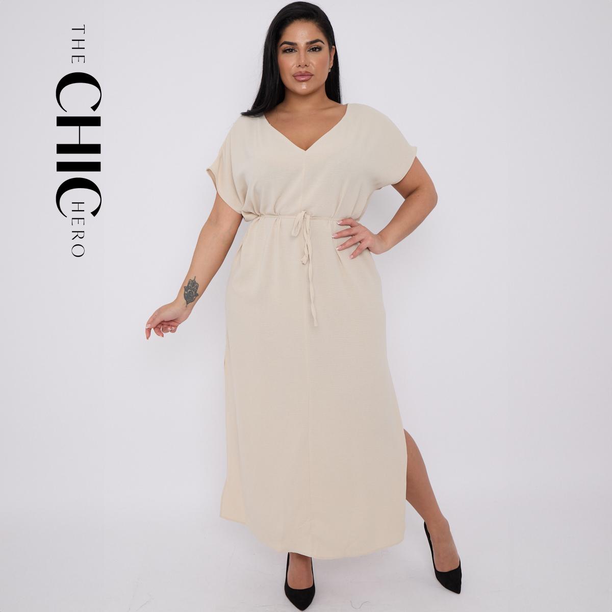 Plus size V-neck Short Sleeve Waist Drawstring Solid Color Dress