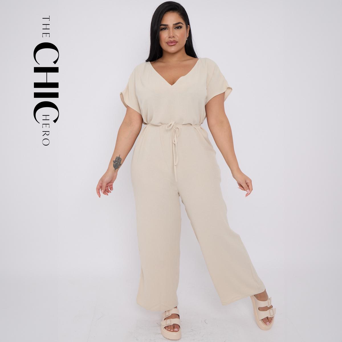 Plus Size V-neck Short-Sleeved Waist Drawstring Solid Color Jumpsuit