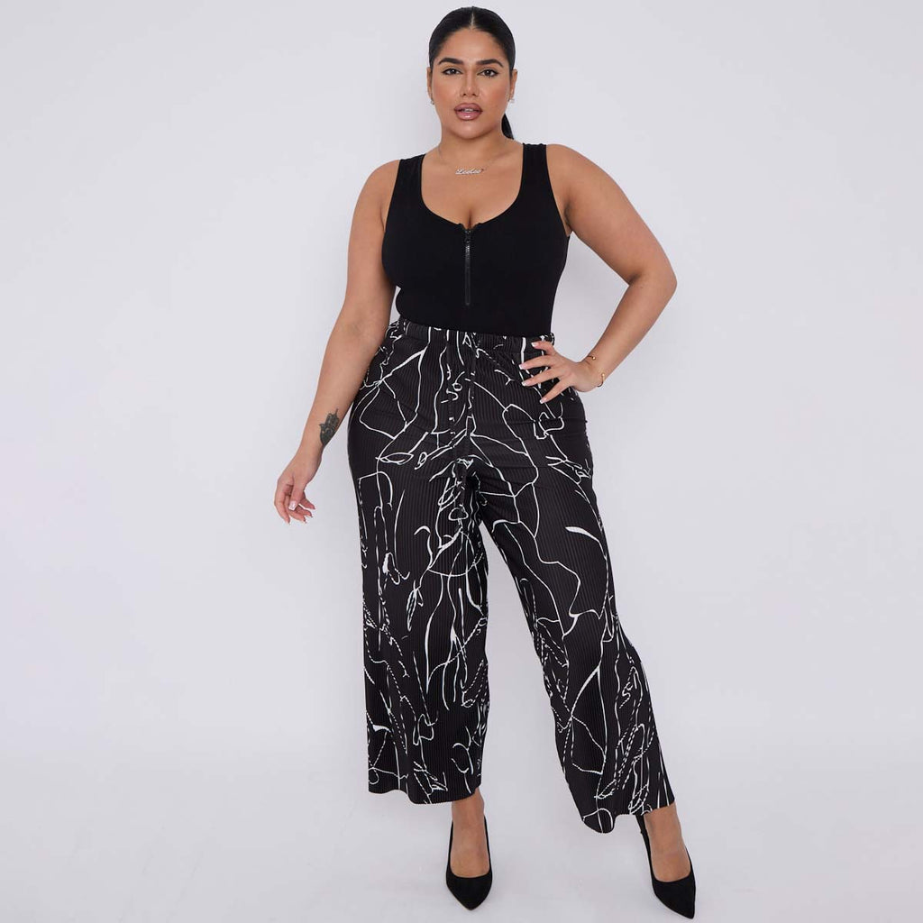 Black Line Art Abstract Print Wide-Leg Drawstring Palazzo Pleated Pants XXPLUS(6XL+)