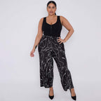 Black Line Art Abstract Print Wide-Leg Drawstring Palazzo Pleated Pants XXPLUS(6XL+)