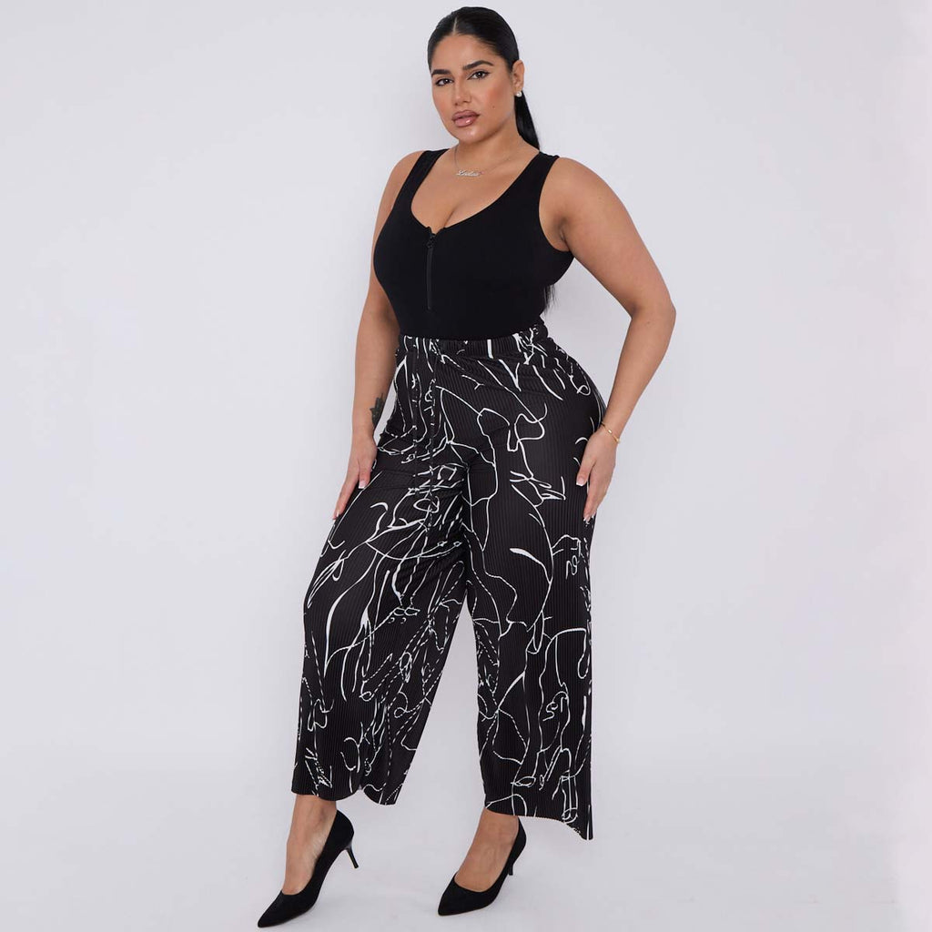 Black Line Art Abstract Print Wide-Leg Drawstring Palazzo Pleated Pants XXPLUS(6XL+)
