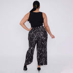 Black Line Art Abstract Print Wide-Leg Drawstring Palazzo Pleated Pants XPLUS(4XL-5XL)