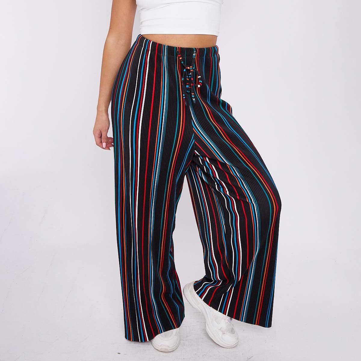 Black Stripe Abstract Print Wide-Leg Drawstring Palazzo Pleated Pants CORE(0XL-XL)
