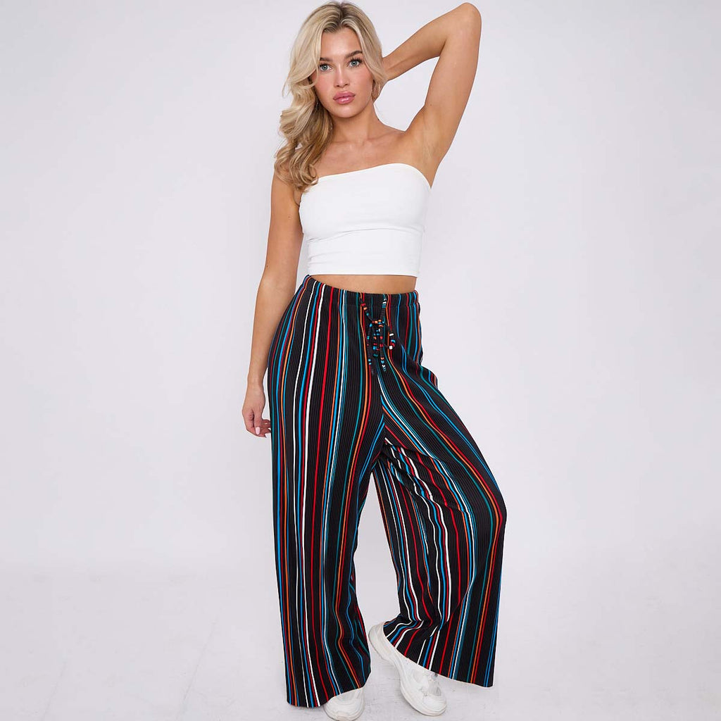 Black Stripe Abstract Print Wide-Leg Drawstring Palazzo Pleated Pants CORE(0XL-XL)