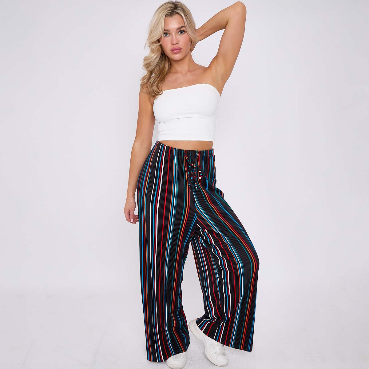 Black Stripe Abstract Print Wide-Leg Drawstring Palazzo Pleated Pants XXPLUS(6XL+)