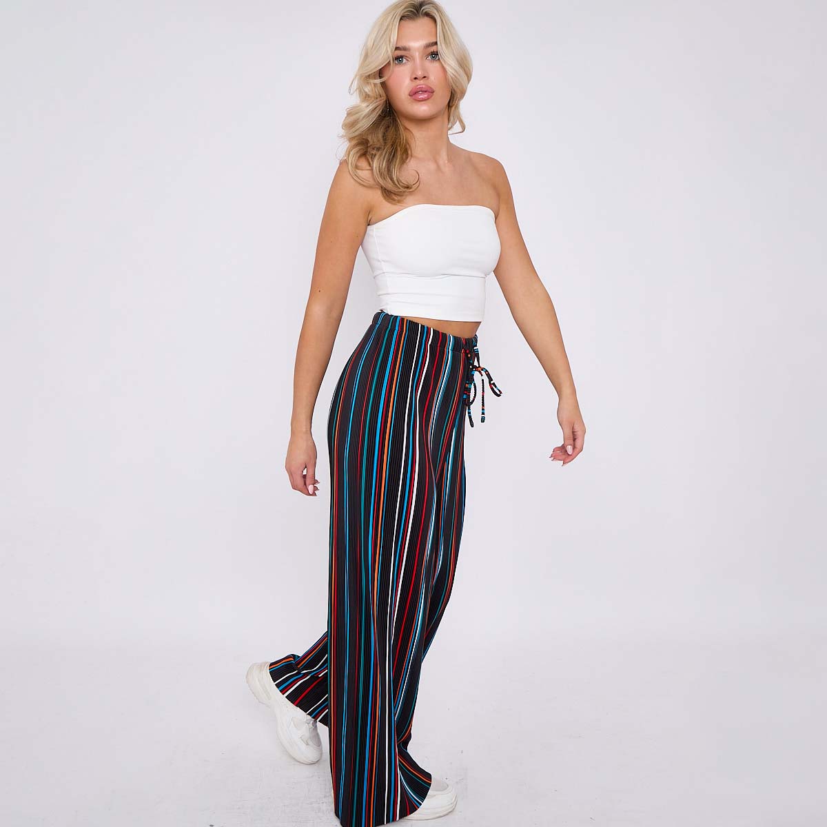 Black Stripe Abstract Print Wide-Leg Drawstring Palazzo Pleated Pants PLUS(2XL-3XL)