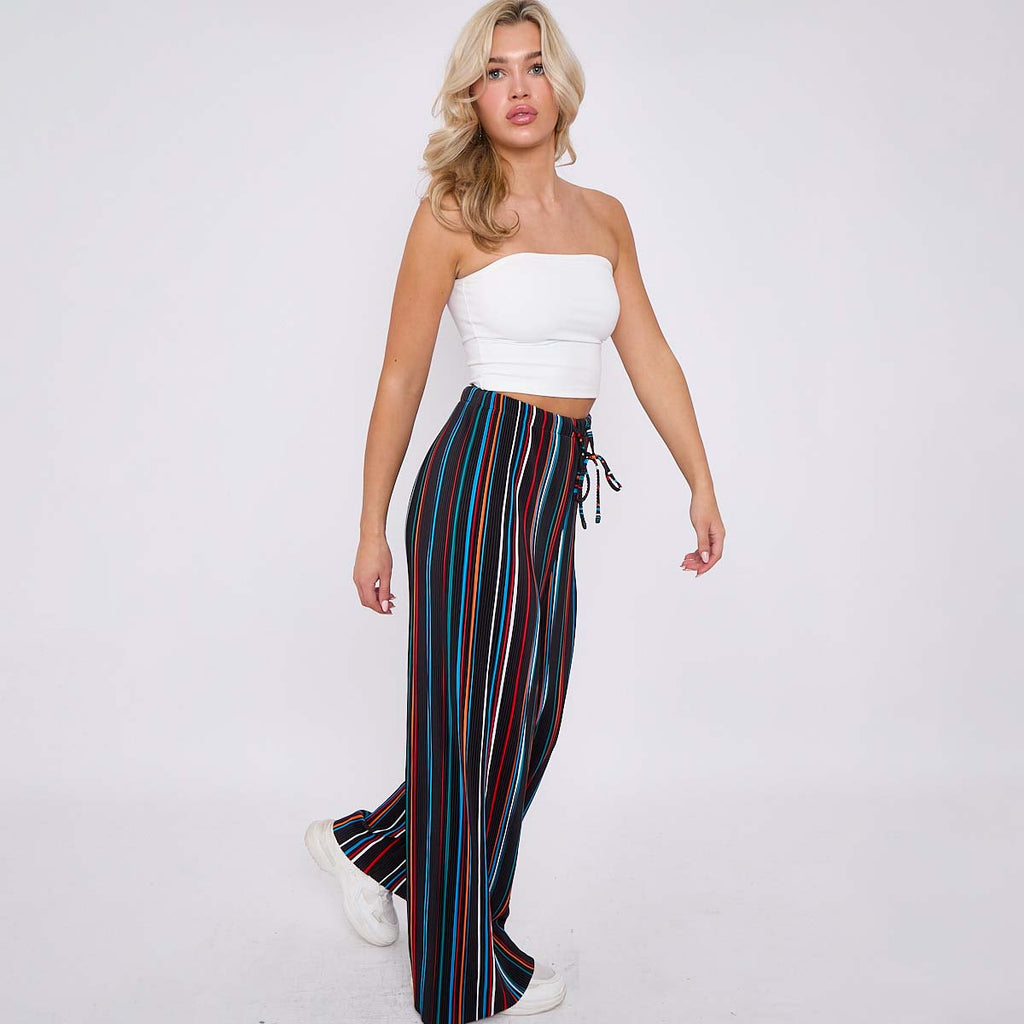 Black Stripe Abstract Print Wide-Leg Drawstring Palazzo Pleated Pants XPLUS(4XL-5XL)