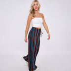 Black Stripe Abstract Print Wide-Leg Drawstring Palazzo Pleated Pants XPLUS(4XL-5XL)