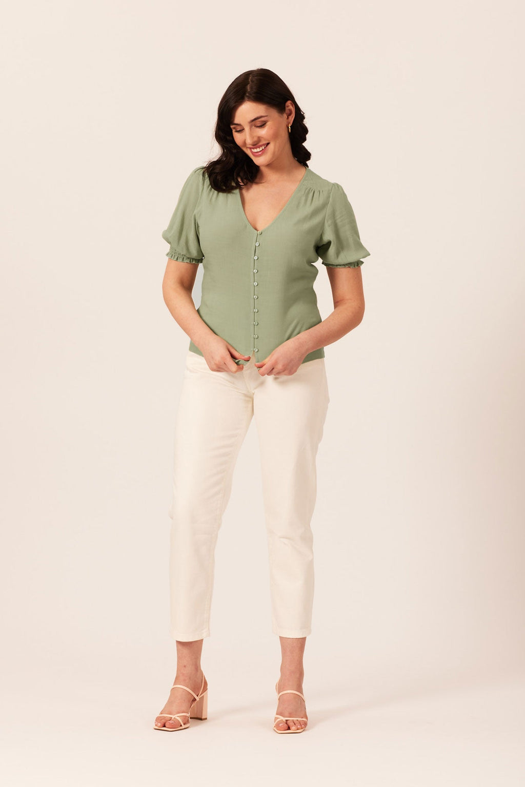 Caroline Button Front Puff Sleeve Top