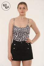 Premium Slinky Double Layered Leopard Print Scoop Neck Strappy Bodysuit