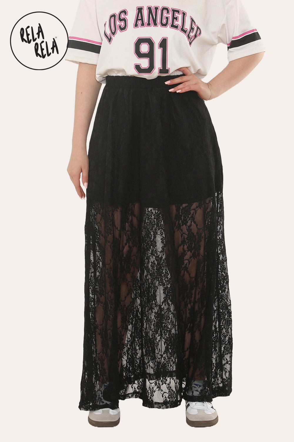 Elegant Sheer Patterned Lace Maxi Skirt in Black