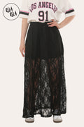 Elegant Sheer Patterned Lace Maxi Skirt in Black