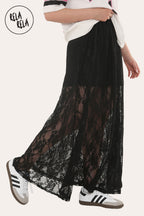 Elegant Sheer Patterned Lace Maxi Skirt in Black