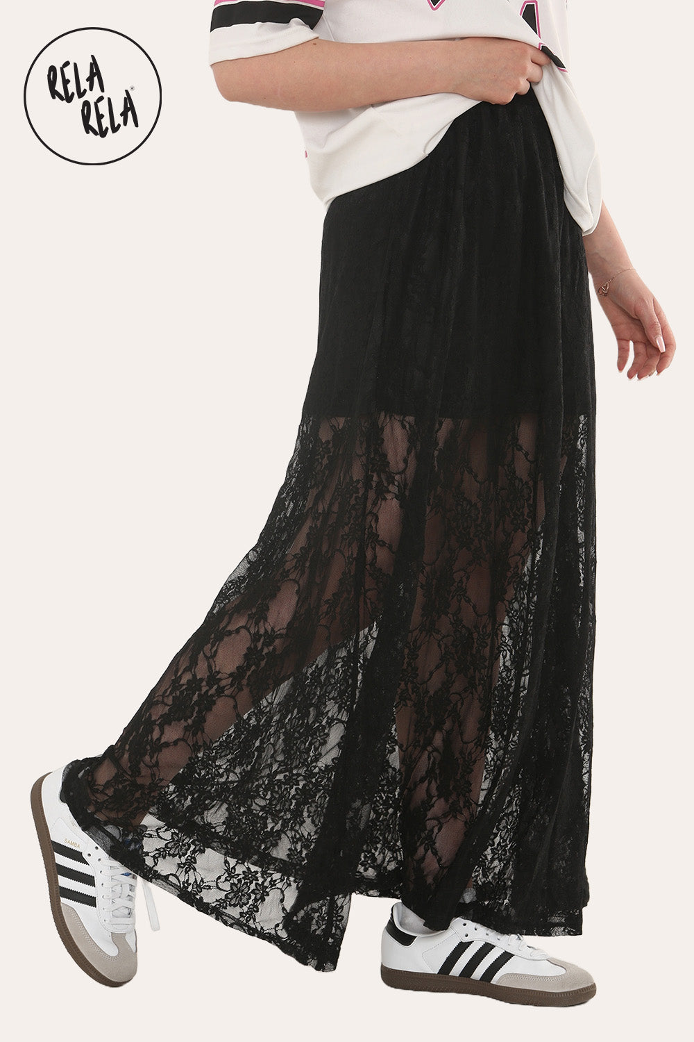 Elegant Sheer Patterned Lace Maxi Skirt in Black