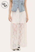 Elegant Sheer Patterned Lace Maxi Skirt in White