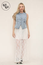 Elegant Sheer Patterned Lace Maxi Skirt in White