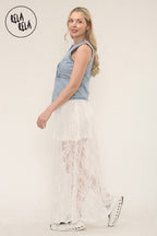 Elegant Sheer Patterned Lace Maxi Skirt in White