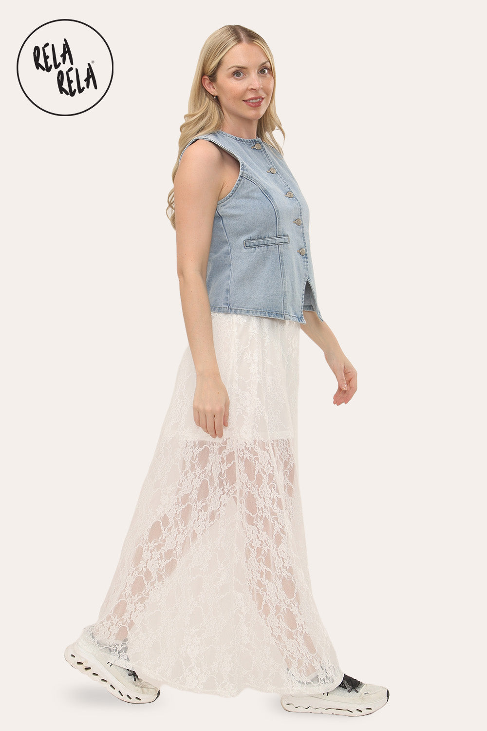 Elegant Sheer Patterned Lace Maxi Skirt in White