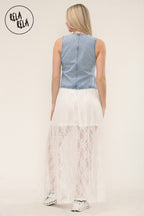 Elegant Sheer Patterned Lace Maxi Skirt in White