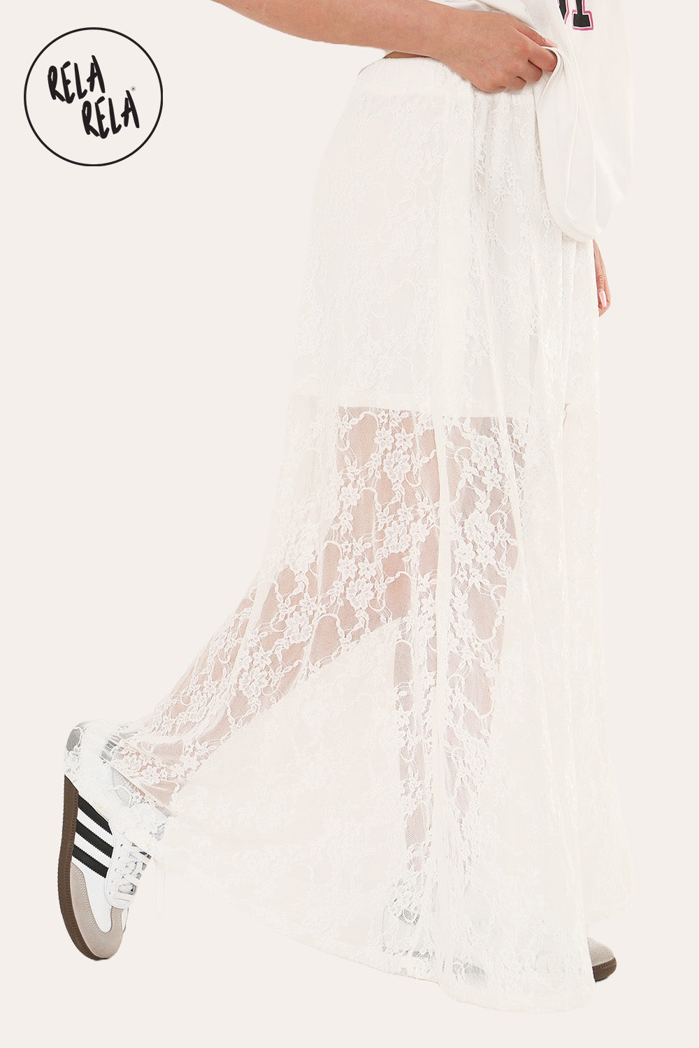 Elegant Sheer Patterned Lace Maxi Skirt in White