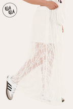 Elegant Sheer Patterned Lace Maxi Skirt in White