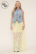 Elegant Sheer Patterned Lace Maxi Skirt in Yellow