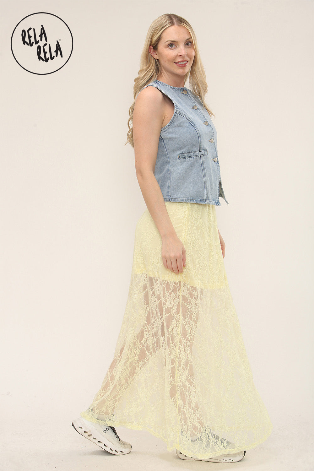 Elegant Sheer Patterned Lace Maxi Skirt in Yellow