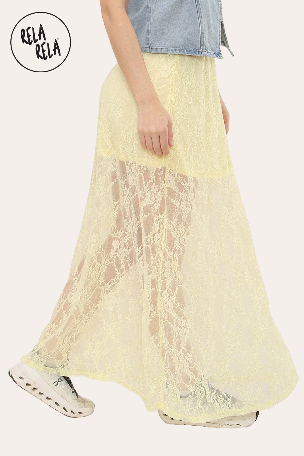 Elegant Sheer Patterned Lace Maxi Skirt in Yellow
