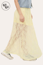 Elegant Sheer Patterned Lace Maxi Skirt in Yellow