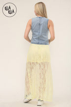 Elegant Sheer Patterned Lace Maxi Skirt in Yellow