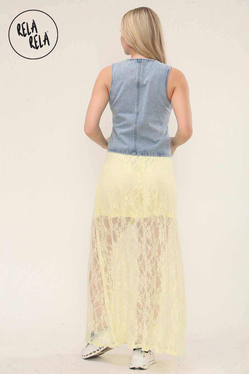 Elegant Sheer Patterned Lace Maxi Skirt in Yellow