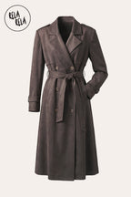 Faux Suede Double-Breasted Belted Midi Trench Coat