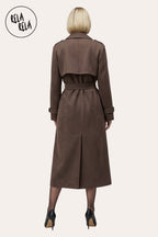 Faux Suede Double-Breasted Belted Midi Trench Coat