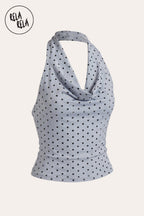 Draped Polka Dot Mesh Halter Top with Cowl Neck in Blue