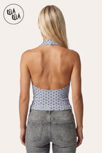 Draped Polka Dot Mesh Halter Top with Cowl Neck in Blue