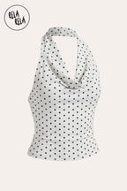 Draped Polka Dot Mesh Halter Top with Cowl Neck in White