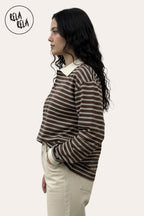 Classic Brown Pinstripe Long Sleeve Polo Shirt