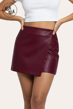 Faux Leather Wrap Front Skorts in Burgundy