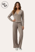 V-Neck Button Up Top & Wide Leg Trousers Co-Ord Set in Taupe