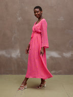 Dora - Wrap Top Midi Dress - Pink & Orange Linear Print