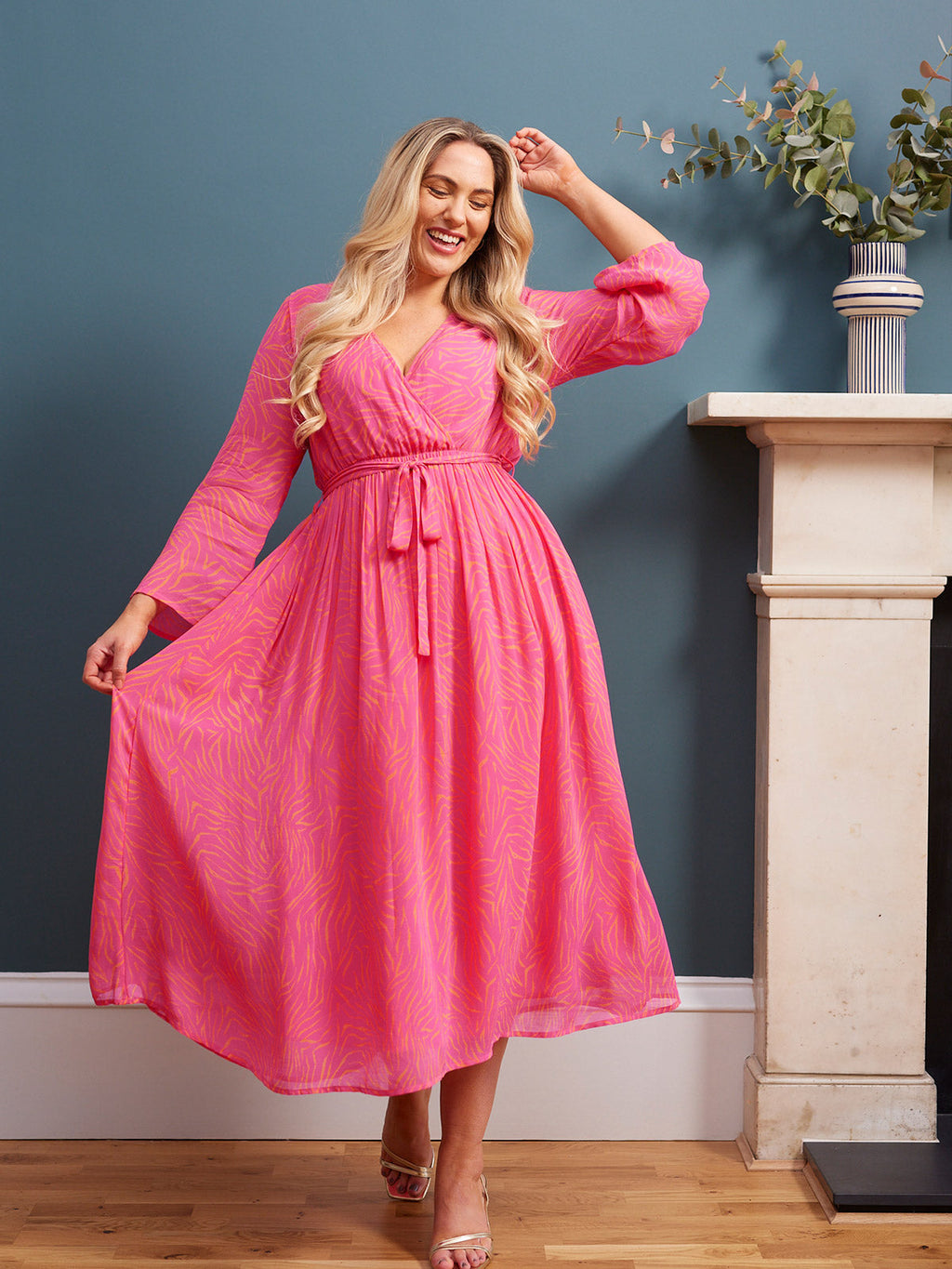 Dora - Wrap Top Midi Dress - Pink & Orange Linear Print