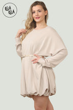 Belted Bubble Hem Mini Dress in Beige