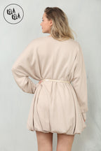 Belted Bubble Hem Mini Dress in Beige