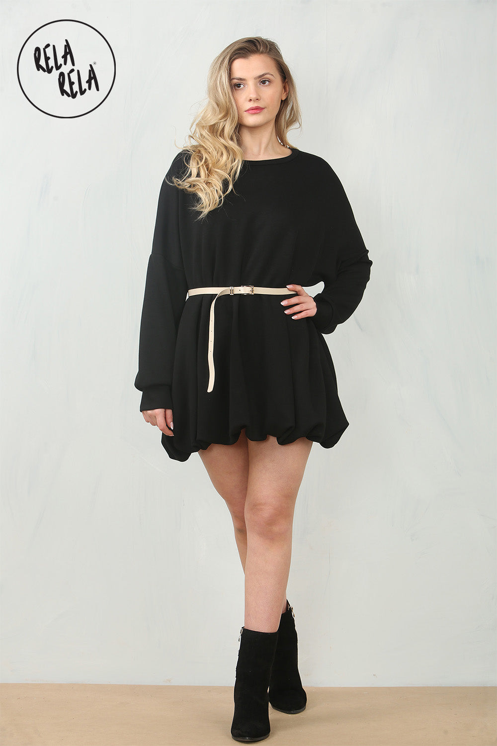 Belted Bubble Hem Mini Dress in Black