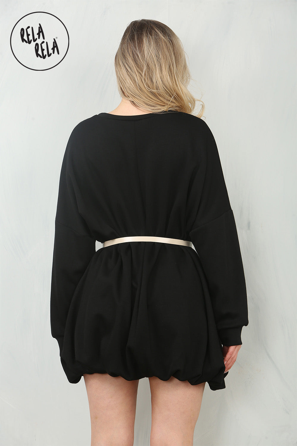 Belted Bubble Hem Mini Dress in Black