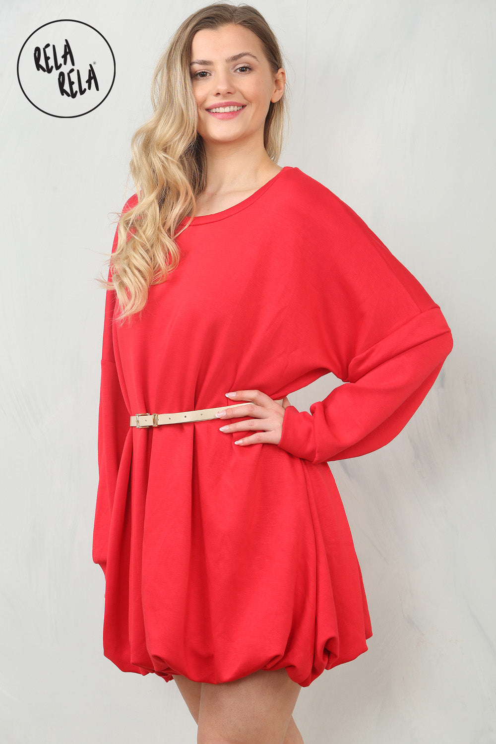 Belted Bubble Hem Mini Dress in Red