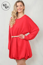 Belted Bubble Hem Mini Dress in Red