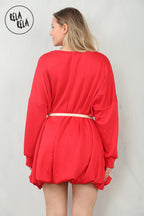 Belted Bubble Hem Mini Dress in Red