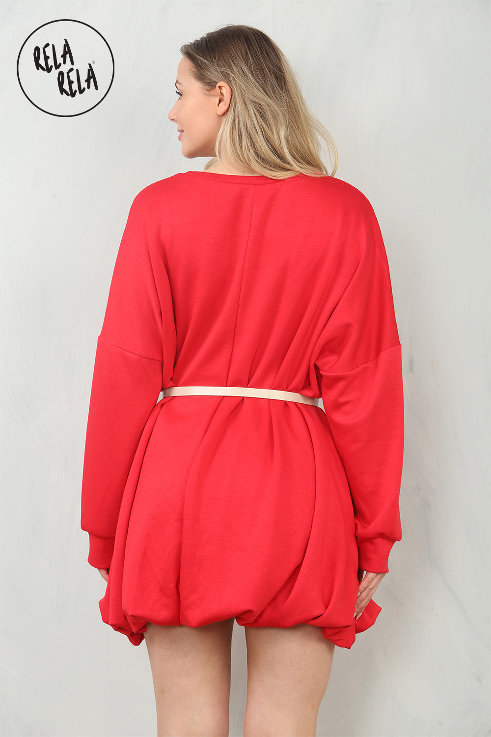 Belted Bubble Hem Mini Dress in Red
