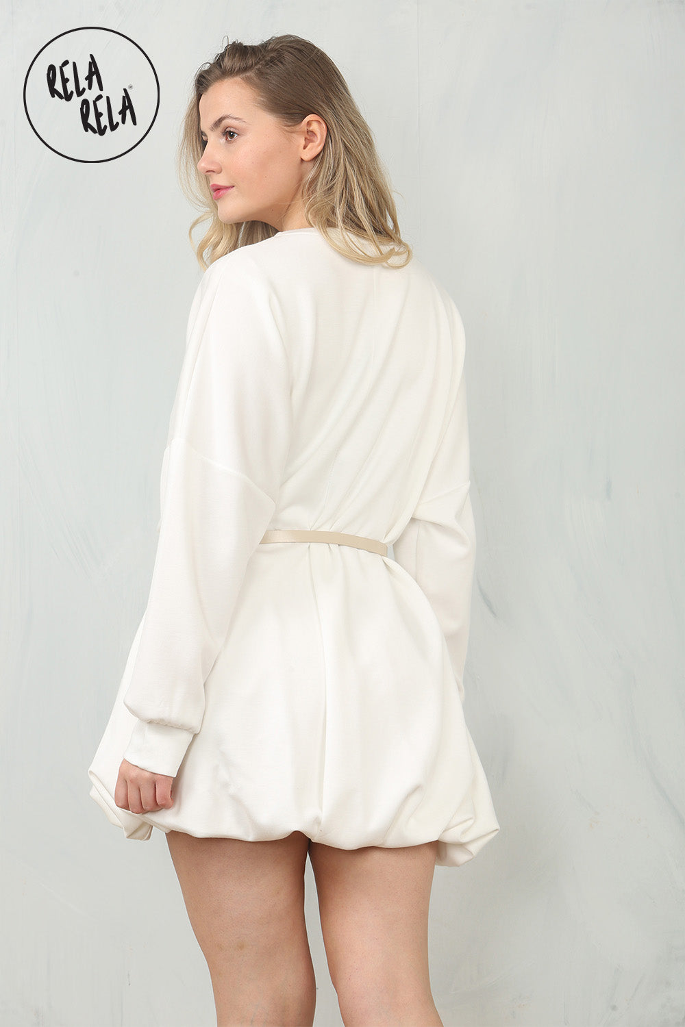 Belted Bubble Hem Mini Dress in White